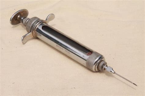 antique glass & metal syringe, vintage Jen-Sal Royal veterinary medicine farm doctor