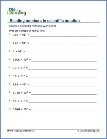 Grade 6 Math Worksheets: Reading numbers in scientific notation | K5 Learning