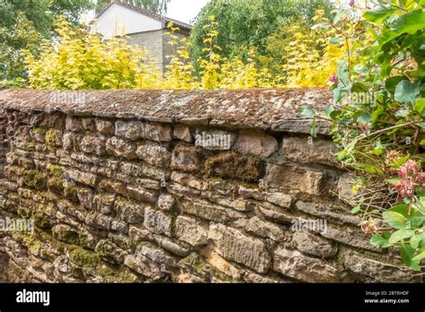 Centuries old stone boundary wall, constructed with layers of uneven, cemented local stonework ...