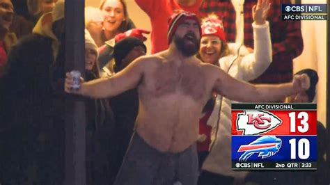 WATCH: Shirtless Jason Kelce goes viral cheering for Travis Kelce TD in 19° freezing Buffalo weather