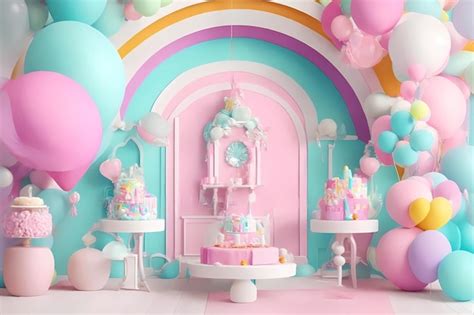 Premium AI Image | a room with balloons and a cake with a pink and blue ...