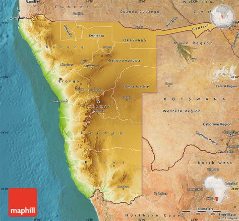 Physical Map of Namibia, satellite outside