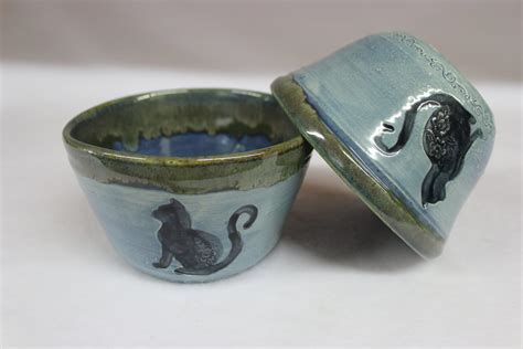 Soft Blue Water Fancy Cat Bowls with Scrolled Bases | Wild Crow Farm