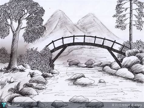 Black and White Landscape Drawing of a Bridge over a River