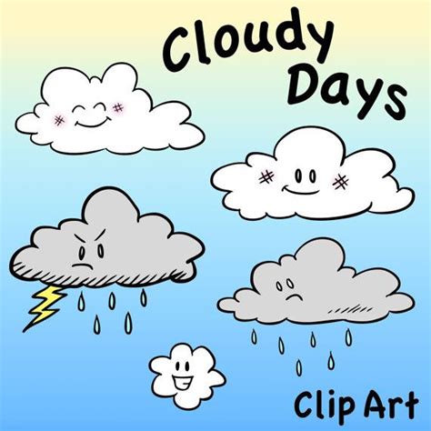 cartoon clouds with rain and lightnings in the sky that say cloudy days clip art