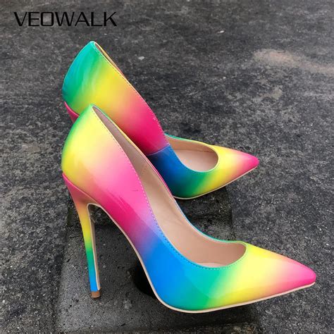 Veowalk Rainbow Colorful Patent Leather Women Sexy Stiletto Extemely ...