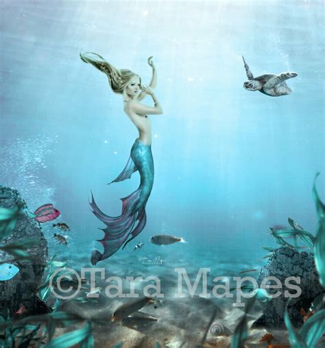 Mermaid Underwater - Mermaid with Turtle - Mermaid in Ocean Digital Background / Backdrop