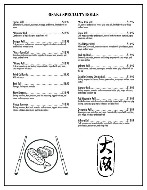 Menu at Osaka Japanese Steak House And Sushi Bar, Cedar Rapids