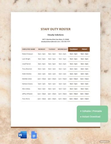 Duty Roster Template - 19+ Free Word, Excel, PDF Document Downloads | Free & Premium Templates