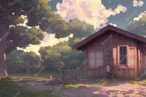 Premium Photo | Small wooden house in the forest digital drawing in anime style