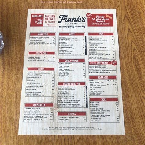 Menu at Frank's Deli & Grill restaurant, Detroit