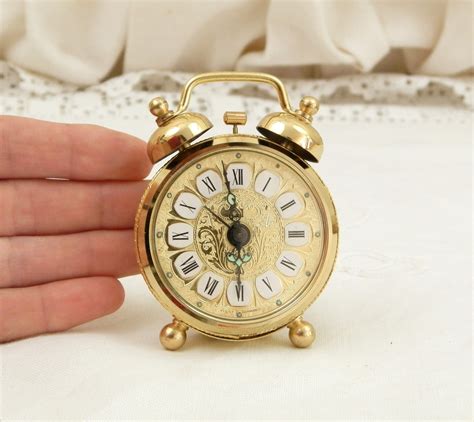 Small Vintage Mechanical Unused Alarm Clock, Retro 1970s West German Wind Up 2 Bells Gold ...