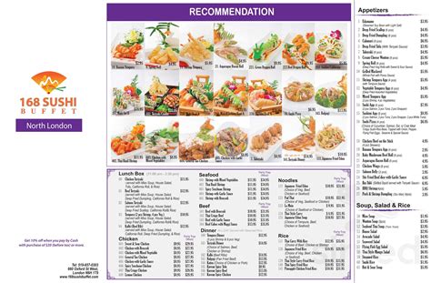 168 Sushi Asian Buffet Bar menu in Waterloo, Ontario, Canada