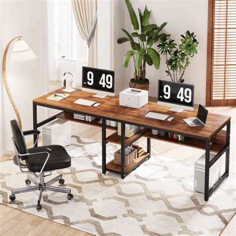 TribeSigns Rustic Two Person Computer Office Desk with Shelves, 78.7 ...