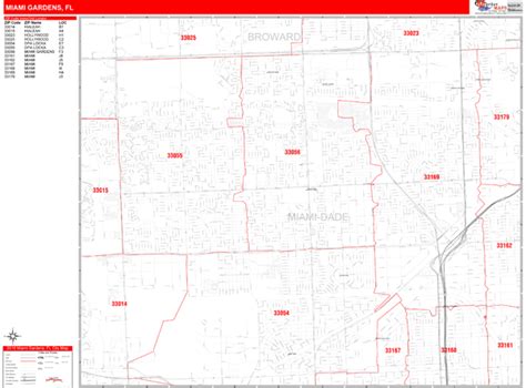 Miami Gardens Florida Wall Map (Red Line Style) by MarketMAPS