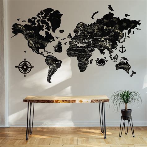 Large Wood World Map, Push Pins Map of the World, Wooden Wall Art, Gift ...