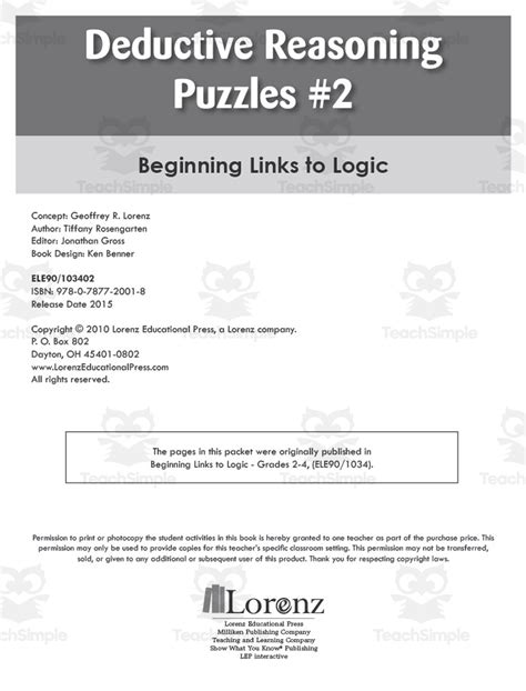 Deductive Reasoning Puzzles #2: Beginning Links to Logic by Teach Simple