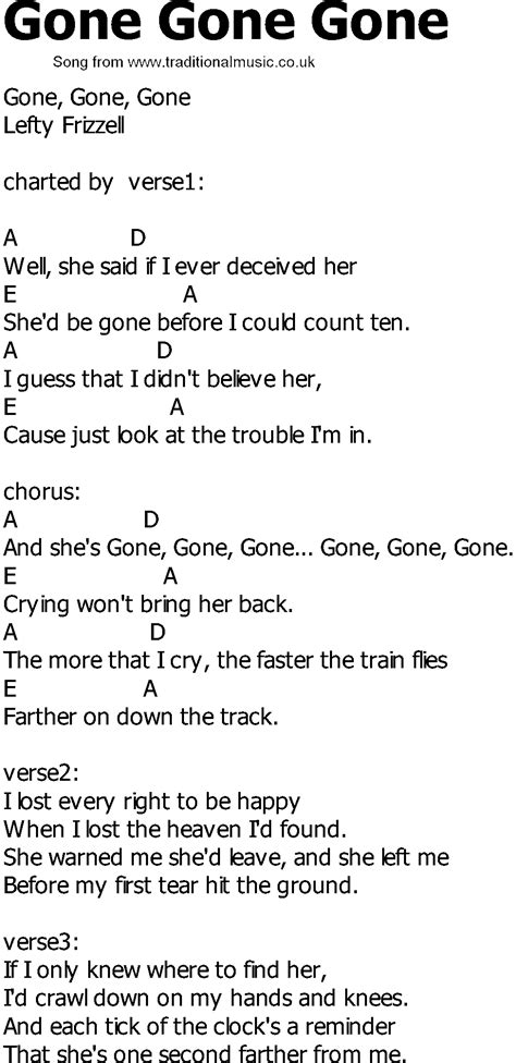 Old Country song lyrics with chords - Gone Gone Gone