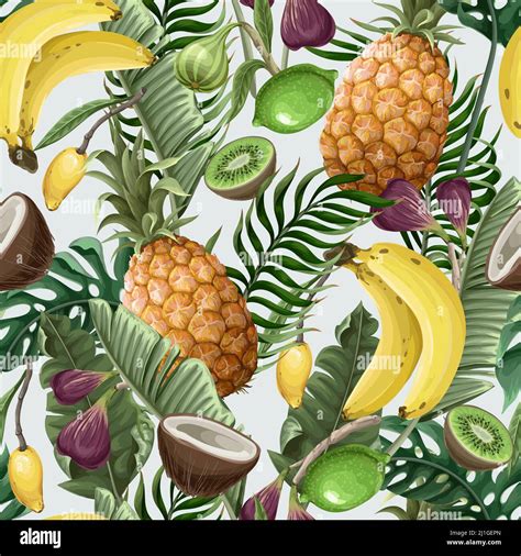 Seamless pattern with pineapples, bananas, figs and tropical leaves. Vector Stock Vector Image ...