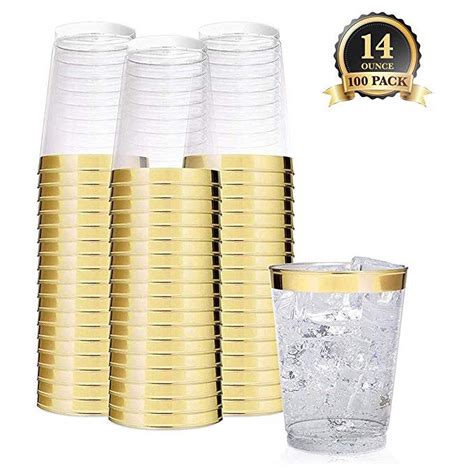 Elegant Gold Rimmed 14 Oz Clear Plastic Cups (100 Pack) Fancy ...