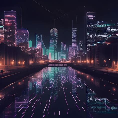 Premium AI Image | A cityscape with neon lights and a river.