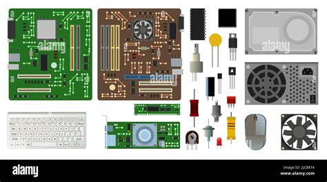 Set of spare part personal computer. PC laptop accessories. Keyboard and mouse. Power supply ...