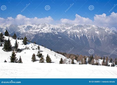 Alpine winter landscape stock image. Image of runs, lifts - 52136805