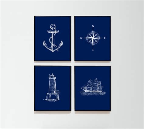 Navy Nautical Set of 4 Art Prints Navy Blue & White by BySamantha