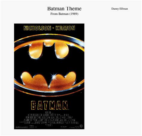 Batman Theme Sheet Music For Flute, Clarinet, Piano, - Batman 1989 And ...