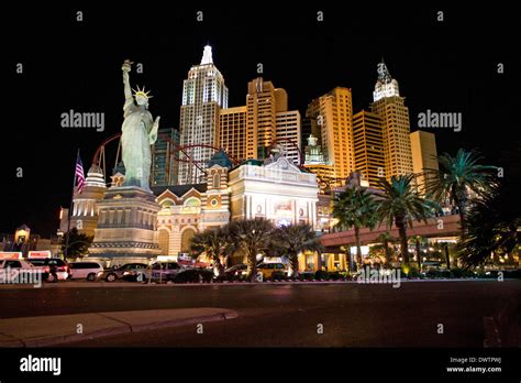 New York New York Hotel in Las Vegas at night time, Navada, USA Stock ...