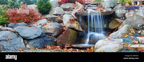 Autumn leaves around waterfall feature Stock Photo - Alamy