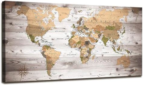 World Map Wall Art for Office Vintage Wood Grain World Map Poster Canvas Prints With Your Photos ...