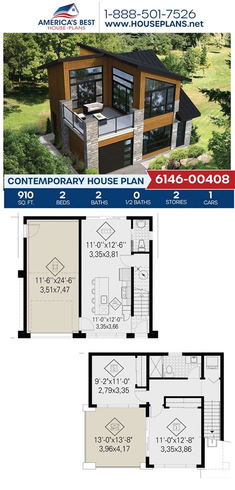 House Plan 6146-00408 - Contemporary Plan: 910 Square Feet, 2 Bedrooms, 1.5 Bathrooms ...