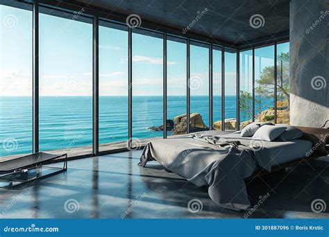 Minimalist Bedroom with Panoramic Ocean Sea View: Modern Coastal Interior Stock Photo - Image of ...