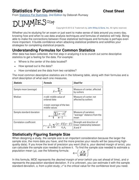 Statistics for Dummies Cheat Sheet Download Printable PDF | Templateroller