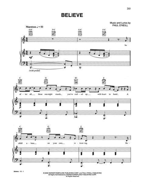 Believe by Trans-Siberian Orchestra Sheet Music for Piano, Vocal & Guitar Chords (Right-Hand ...