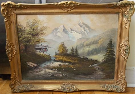 VINTAGE OIL PAINTING GERMAN MOUNTAIN BAVARIA CHALET SIGNED LANDSCAPE CANVAS NICE - Paintings