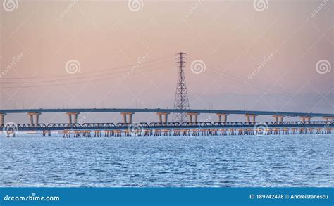 Sunset View of the Raised Part of Dumbarton Bridge and an Old Railroad ...