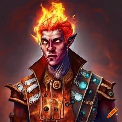 Image of a steampunk fire genasi with mechanical attire on Craiyon