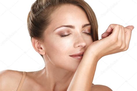 Beautiful brunette female model smelling her perfume — Stock Photo ...