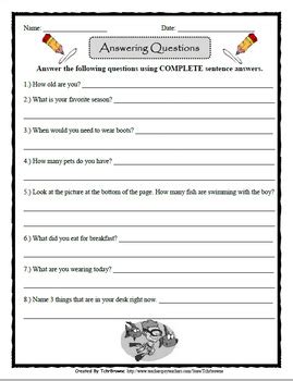 Question Answering Worksheet by TchrBrowne | TPT