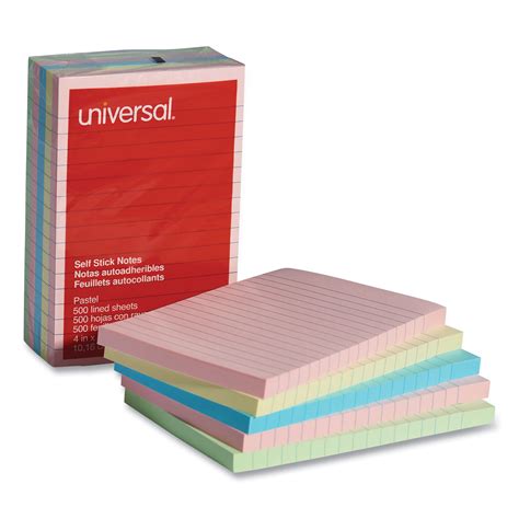 Universal Self-Stick Note Pads, Note Ruled, 4" x 6", Assorted Pastel Colors, 100 Sheets/Pad, 5 ...