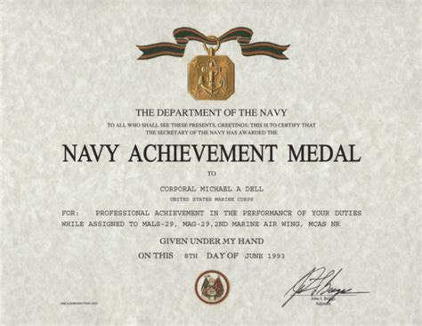 Navy Achievement Medal Certificate