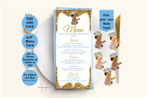 Prince Baby Shower Menu, Little Prince, Menu, Gold Glitter Menu, Printable Menu Template, Baby ...