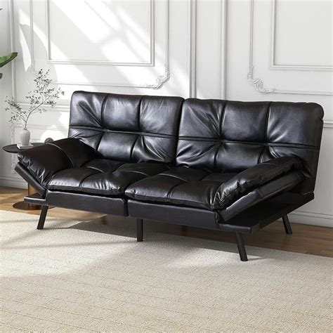 Modern Faux Leather Futon with Memory Foam and Adjustable Armrests ...