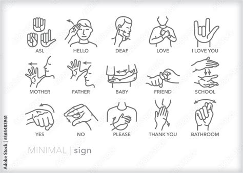 Set of common ASL (American Sign Language) words depicted as line icons ...