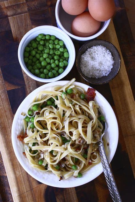 Lighter Pasta Carbonara with Peas | Feast on the Cheap