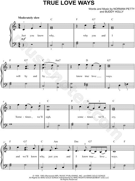 Buddy Holly "True Love Ways" Sheet Music (Easy Piano) in C Major ...