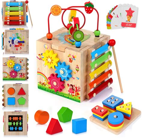 HELLOWOOD Wooden Activity Cube Baby Toys, 8-in-1 Montessori Educational Toy Set, Bead Maze Shape ...