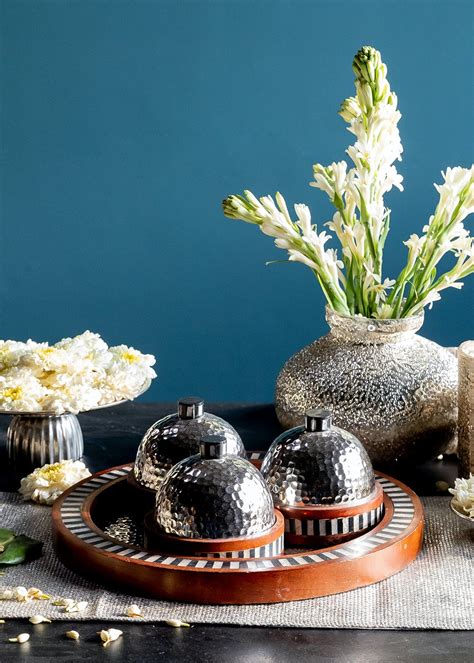 Get Silver Dotted Round Platter with Jars at ₹ 4990 | LBB Shop